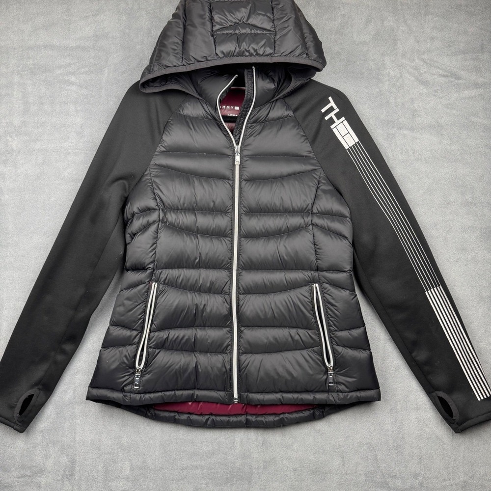 Tommy Hilfiger Women Black Down Puffer Packable Hooded Jacket Full Zip M
